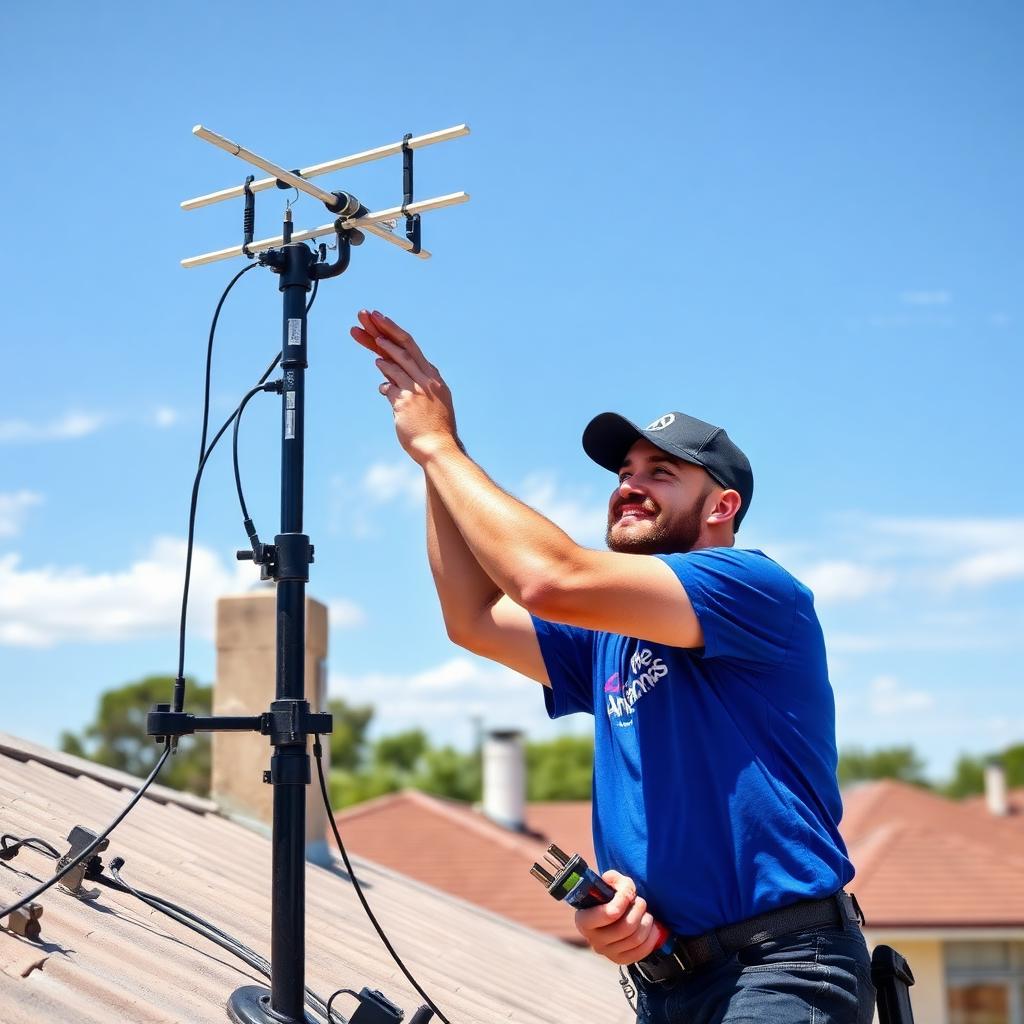 The Antennas Melbourne technician in branded blue uniform installing a digital TV antenna on a suburban rooftop