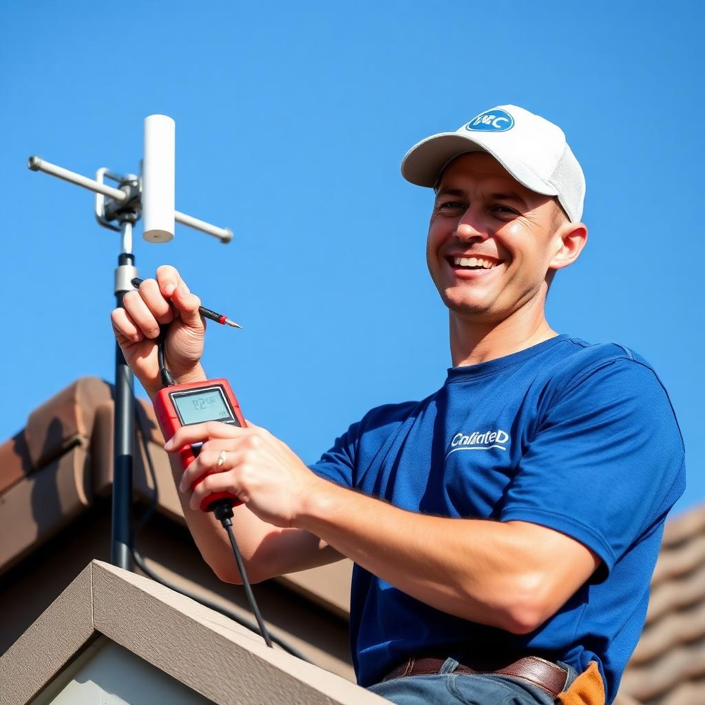 The Antennas Melbourne repair technician in branded blue t-shirt using signal meter on a rooftop antenna
